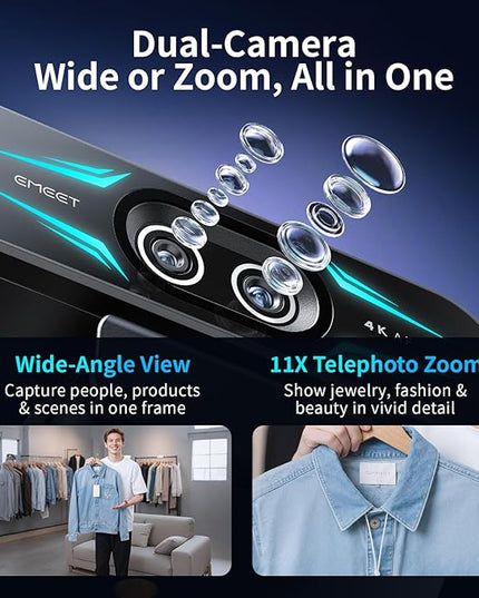 EMEET C60E Dual-Camera 4K Webcam for Streaming, Wide-Angle and Telephoto Cameras, Max 11X Hybrid Zoom & PDAF Autofocus, Remote Control, RGB Lighting, 2 Mics, Ideal for Livestreaming and Online Meeting