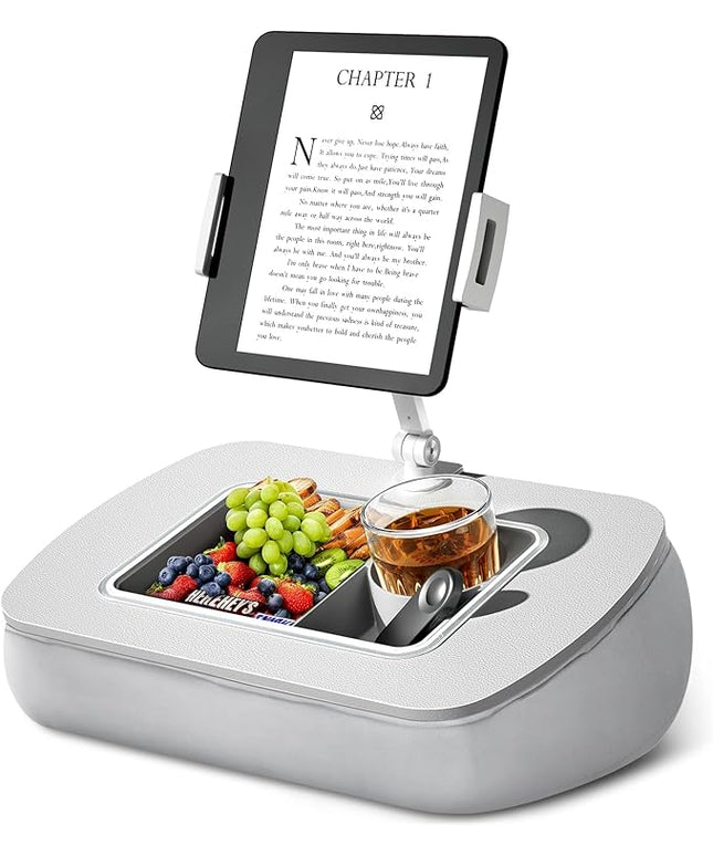 Tablet Stand Pillow with Snack Bowl, iPad Lap Holder for Hands-Free Reading and Relaxation on Bed,Couch,Recliner, 360° Rotating Clip for 4.7-13" Kindle,eBook,Tablet,iPhone (Light Gray)