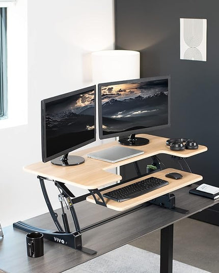 VIVO 42 inch Height Adjustable Stand Up Desk Converter, V Series, Quick Sit to Stand Tabletop Dual Monitor Riser Workstation, Light Wood Top, Black Frame, DESK-V000VLO
