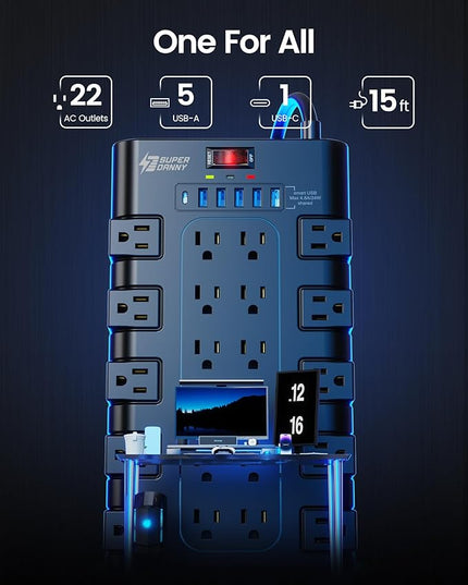 Power Strip Surge Protector, SUPERDANNY 15Ft Long Extension Cord with 6 USB Charging Ports and 22 AC Outlets, 1875W/15A, 2100 Joules, Flat Plug Power Outlet for Home, Office, Dorm, Gaming Room, Black
