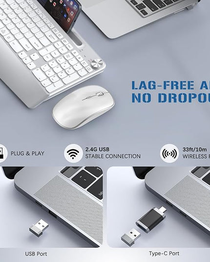 JOYACCESS Ergonomic Wireless Keyboard and Mouse, Full Size Wireless Keyboard Designed with Phone Holder and Wrist Rest,Volume Roller for Computer Mac PC Laptop-Silver