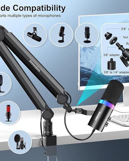LM08 Mic Arm Stand, 360° Microphone Stand with Cable Management Channels, Desk Clamp, Thread Adapter, Fully Adjustable Built Podcast Mic Boom Arm for Streaming Gaming Recording Black