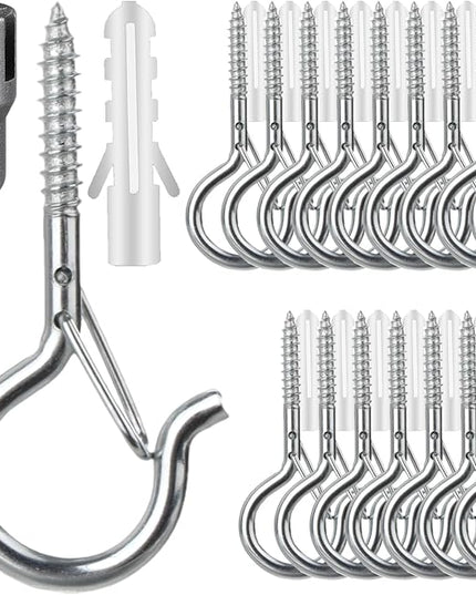 100 Pcs Screw-in Hooks for Outdoor String Lights, Q Hangers Hooks for Outside, Swivel Hanging Basket Patio Hook with Safe Buckle, Screw in Plant Eye Hook for Wall Ceiling with 1 Wing Nut Driver,Silver