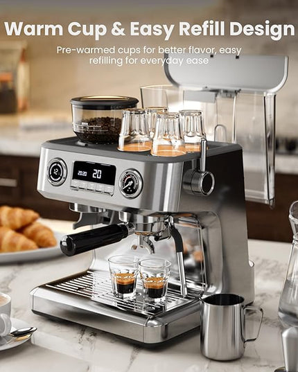 Kismile Dual Boiler Espresso Machine with Grinder, 20 Bar Espresso Maker with Milk Steamer & Hot Water, Dual LED Display, Pressure Gauge, Burr Grinder, coffee Machine for Home&Office, Stainless Steel