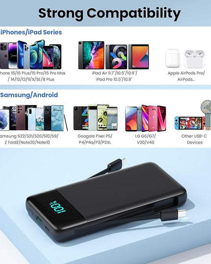 Portable Charger for iPhone with Built-in Cables and Wall Plug,Upgraded 13800mAh Fast Charging USB C Power Bank,4 Outputs Slim Travel Essential Battery Pack for iPhone 17/16/15/14/13,Galaxy,Android