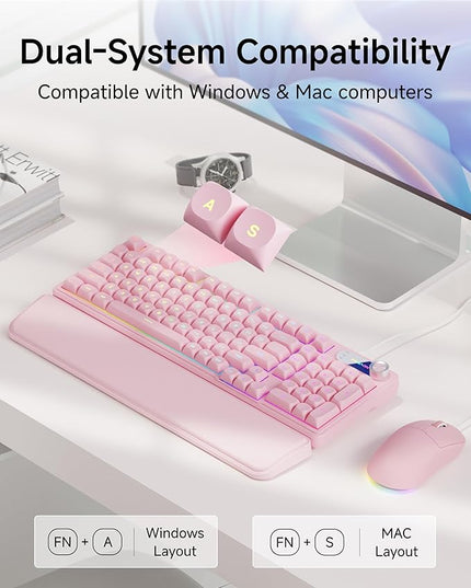 C98 Wired Keyboard and Mouse Combo, Wired Computer Keyboards with Wrist Palm, Double-Shot Keycaps, Silent RGB Backlight Keyboard for Windows/MAC/PC (Pink)