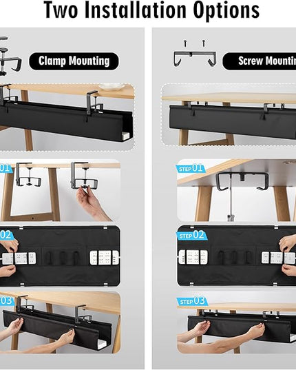 Desk Cable Management Tray, Fabric Cable Organizer, No Drill Large Clamp/Screw Mount Wire Organizer-Support Up to 30lbs, Standing Desk Cable Management for Office Home (Black,36 Inch)