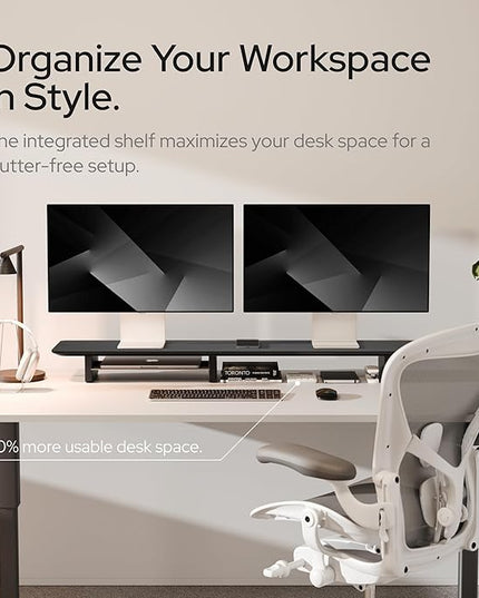 KIVY Dual Monitor Riser With Integrated Metal Shelf [MADE BY HAND] - Wooden Desk Shelf for 2 Monitors - Wide Long Stand for Desk (44 x10x3in - Black)