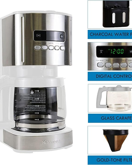 Kenmore Drip Coffee Maker - 12 Cup Programmable Cafe Machine With Glass Pot, Regular & Bold Brew, Auto Shut Off Large Water Reservoir, Reusable Filter, Kitchen Appliances For Cafeteria Barista, White