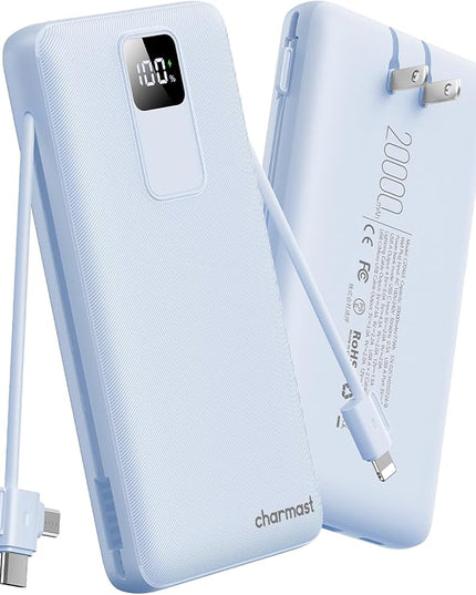 charmast 20000mAh Portable Charger with Built-in Cables & Wall Plug, 20W USB C Power Bank, Fast Charging Battery Pack Travel Essentials Compatible with iPhone 16/15/14 Series, Samsung, Google, iPad