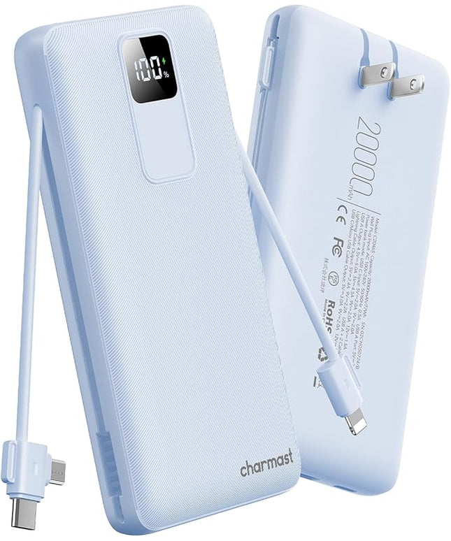 charmast 20000mAh Portable Charger with Built-in Cables & Wall Plug, 20W USB C Power Bank, Fast Charging Battery Pack Travel Essentials Compatible with iPhone 16/15/14 Series, Samsung, Google, iPad