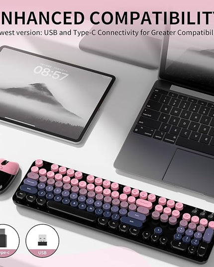 Wireless Keyboard and Mouse, MOFII 104 Round Keycaps Retro Typewriter with OTG & Brush, Full-Size Ergonomic, Ideal for Windows PC, Home, Office and College Peach Pink