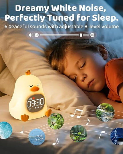 Sleepy Duck Alarm Clock with Night Light for Kids with Sleep Training and Sound Machine, Rechargeable Silicone Lamp OK to Wake Clock，Cute Animal Tabletop Lamp, Perfect Sleep Companion for Boys Girls
