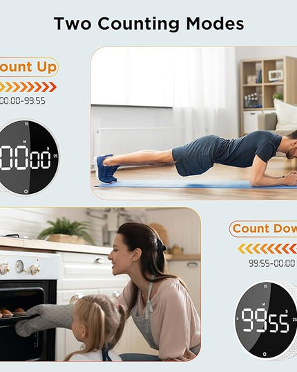 Upgrade Digital Kitchen Timer - Magnetic Countdown Countup Visual Pomodoro Timer with Large LED Display, 3-Preset Times (5, 15, 25), 3 Volume Levels, Ideal for Cooking, Baking and Fitness (1, White)