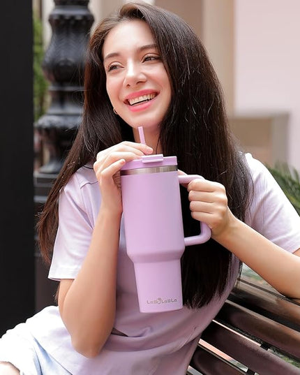 40oz Tumbler with Handle,Double Wall Vacuum Reusable Stainless Steel Insulated Water Bottle,With Leak Proof lid and Straw for Iced or Cold Beverages (Lavender Purple)