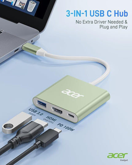 Acer USB C to HDMI Adapter, 4K USB C Hub with 100W PD, USBA 3.0 Port, HDMI to USBC Multiport Digital AV Converter for MacBook Pro/Air, iPad, Tablets, TV, Monitor and More (Green)