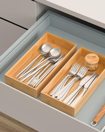 Silverware Tray for Drawer, Stackable Kitchen Bamboo Drawer Organizer 12" x 6" x 2" Set of 2