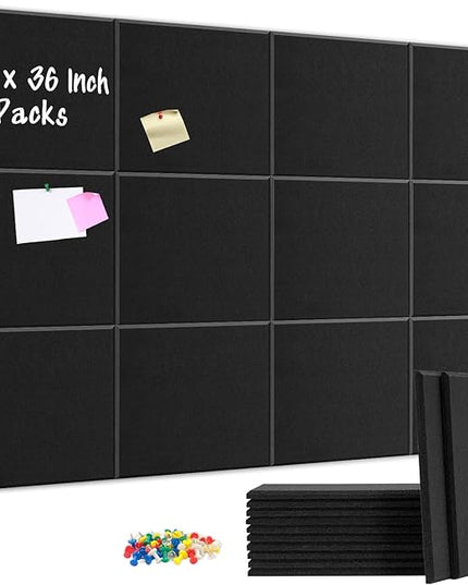 DOLLAR BOSS Large Cork Board for Wall 48" x 36" x 0.5" Bulletin Board 12 Packs Black Cork Board Tiles Self Adhesive Felt Wall Tiles with Pushpins, Corkboard for Office Pin Board Tack Board, Black