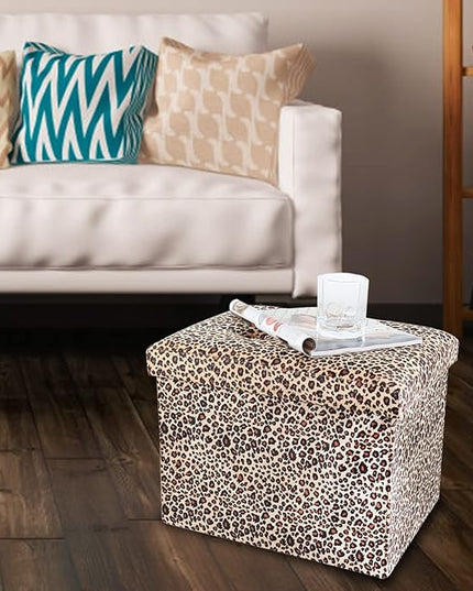 ALASDO Ottoman Storage Ottoman Footrest Stool Small Ottoman with Storage Foldable Ottoman Foot Rest Footstool Bench for Living Room 17x13x13inches Leopard Print