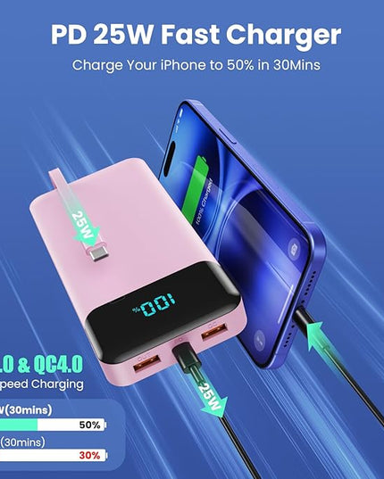 Portable Charger 40800mAh Power Bank with 3 Built-in Cables,PD 25W USB C in&Out Power Bank Fast Phone Charging,QC4.0 5 Output Travel Camping Essential Battery Pack for iPhone 17/16,Samsung etc-Peach
