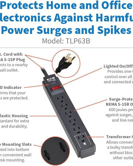 Eaton Tripp Lite Series 6-Outlet Surge Protector Power Strip, 3ft Extension Cord, 600 Joules, 15A Circuit Breaker, Black, Lifetime Manufacturer's Warranty & $10,000 Insurance (TLP63B)