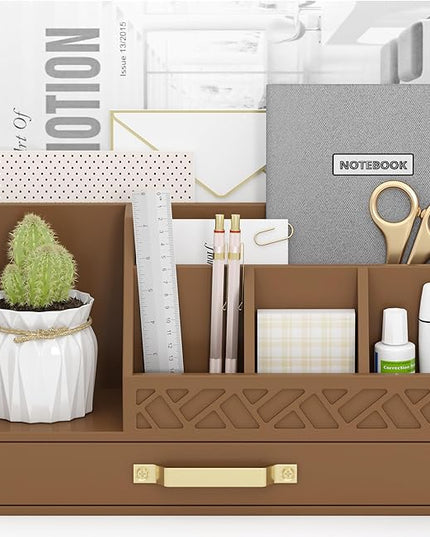 Wisuce Essentials Bamboo Desk Organizer with Drawers, Mail Organizer Countertop Wood Desk Drawer Tabletop Storage Organization Pen Holder Letter Sorter Makeup Organizer for School Home Office (Brown)