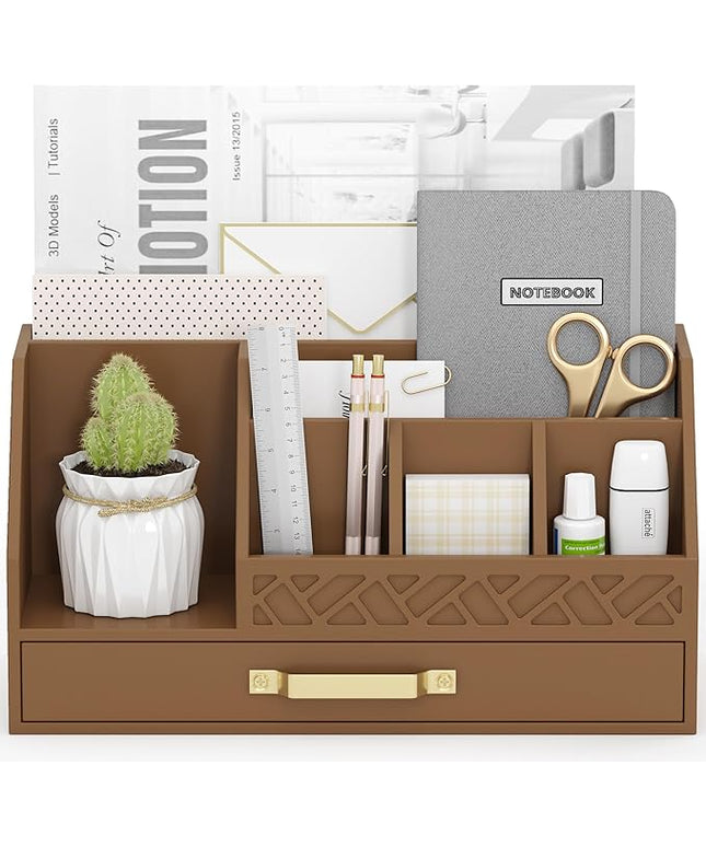 Wisuce Essentials Bamboo Desk Organizer with Drawers, Mail Organizer Countertop Wood Desk Drawer Tabletop Storage Organization Pen Holder Letter Sorter Makeup Organizer for School Home Office (Brown)