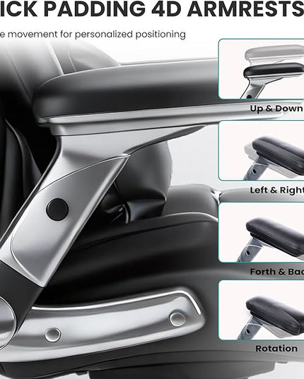 750lbs Heavy Duty Desk Chair with 3D Kneading Massage, Big and Tall Office Chairs with Ergonomic Support, 4D Armrests, 5 Quiet Dual Rubber Wheel, Thick Pocket Spring Cushion(Black, PU)