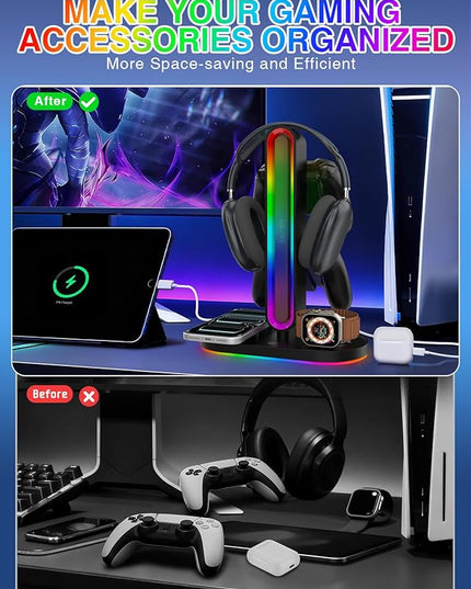 RGB Headset Stand with Wireless Charger, 8-in-1 Charging Station for iPhone, Samsung, Apple Watch Type-C/USB Ports, Gaming Headphone & Controllers Holder, Organizer for Desk Includes 20W PD Adapter