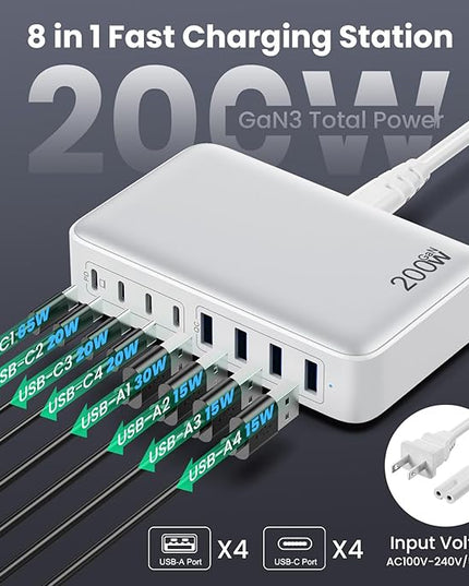 USB C Charger 200W USB C Charger Block,Upgraded GaN III 8-Port Fast Charging Station Hub,PD 65W Laptop Charging Adapter Compatible with MacBook Pro/Air,DELL,Steam Deck,iPhone 16/15/14,Galaxy S23/22