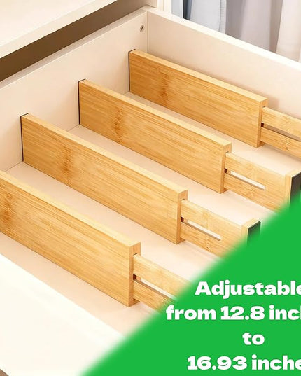 DZS Bamboo Drawer Organizer, 4-Pack Adjustable and Expandable Divider Insert for Kitchen, Bathroom, Office