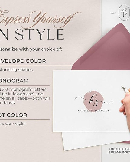Curio Press Personalized Stationery for Women & Men - A2 Folded Note Cards with Monogram and Name, Fold Over Monogrammed Stationery Thank You Cards with Custom Notecards - Delicate Mono Fold