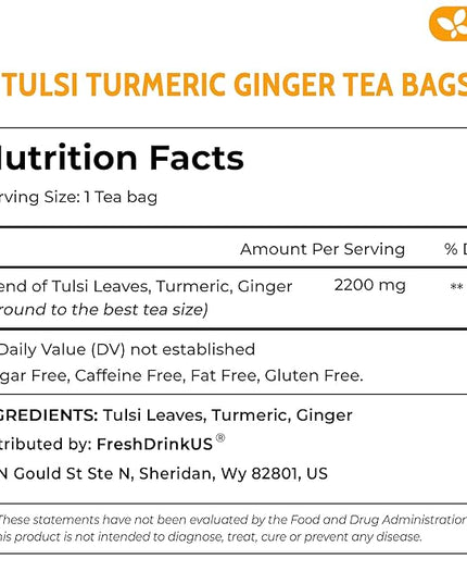 FreshDrinkUS, Premium 35 Tulsi Turmeric Ginger Tea Bags, 100% Natural & Pure from Tulsi Holy Basil Leaves, Turmeric and Ginger. Made with Natural Material Tea Bags. No Sugar, No Caffeine, Vegan.