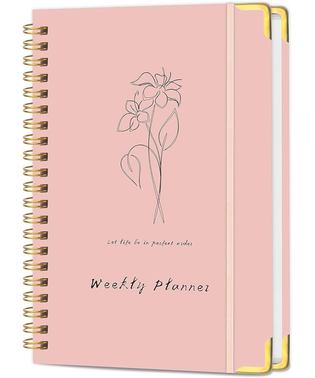 Undated Weekly Planner with Metal Corner Hardcover Notebook , A5 Size Journal with To Do List Planner, Habit Tracker,Weekly Goals for ADHD,Student, Office, Women, Men ,Gifts,6 x 8 inches，Spiral Bindding ,Pink