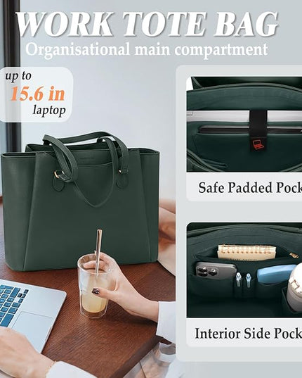 RAINSMORE Laptop Bag for Women 15.6 Inch Work Tote Bags Waterproof Computer Bags Leather Professional Laptop Purse Womens Laptop Briefcase Large Handbag for Office Teacher Travel, Green