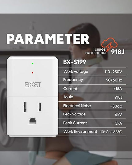 BXST 918J Single Outlet Surge Protector for Home Appliance Small Multi Function Plug with Surge Protection Wall Mount Power Suppressor for Refrigerator, TV, PC, Xbox, PS5, 120V, 1800W, 2 Pack