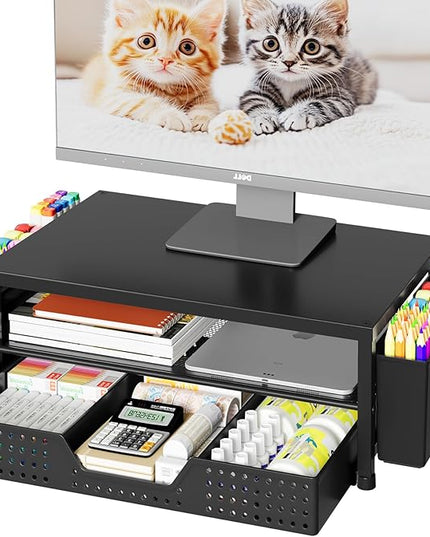 OPNICE Desk Organizer, 2-Tier Computer Monitor Stand Riser with Drawer and 2 Pen Holders, Laptop Stand, Office Desk Accessories for Office Supplies, Black – Hot Seller