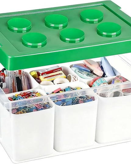loobuu Plastic Storage Bins with Lids, Art Craft Supply Organizer Box with Brush Pot, Multipurpose Stackable Storage Containers for Organizing Tool, Craft, Crayon,Sewing (Green)