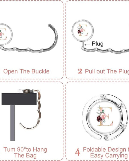 Iqimott 3pcs Personalized Initial Foldable Purse Hook for Table, Flower Letter Folding Handbag Hanger Portable Magnet Table Hook Holder, Collection Desk Purse Hooks for Women Bag (Pink-E)