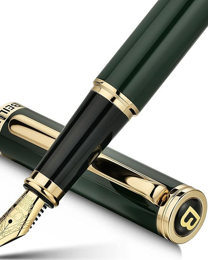 BEILUNER Racing Green Fountain Pen,Stunning Luxury Pens with 24K Gold Finish, Gorgeous 24K Gilded Nib(Fine), Trustworthy Gift for Men&Women -Ink Converter-Elegant, Graduation,Fancy Pen for Writing