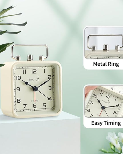 FLOITTUY Square Metal Beep Alarm Clock Silent No Ticking, Snooze and Battery Operated, Night Light and Desk Clock for Bedroom/Travel/Kids, Easy Set(Cream White)
