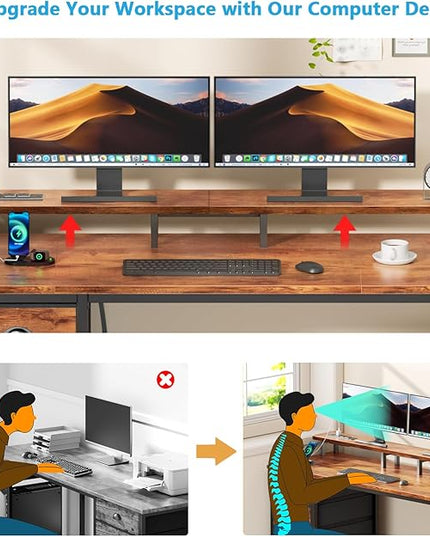 Furologee 47" Computer Desk with 4 Fabric Drawers & Monitor Stand, Gaming Desk with Power Outlets - LED Lights, Home Office Space-Saving Study Table for Bedroom Small Spaces (Rustic Brown)