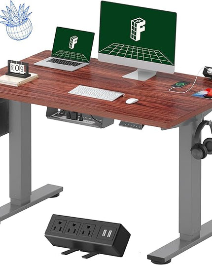 FLEXISPOT EN2 Whole-Piece Standing Desk with Clamp Power Strip, 48 x 30'' Height Adjustable Electric Stand Up Desk with Cable Management (Gray Frame + Mahogany Top, 2 Packages)