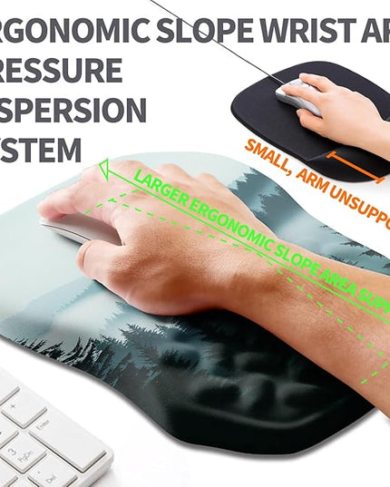 Ergonomic Slope Mouse Pad Wrist Support, Wrist Rest Mousepad for Carpal Tunnel Pain Relief with Massage Bulge and Slow Rebound Memory Foam (12x8 inch, Foggy Forest)