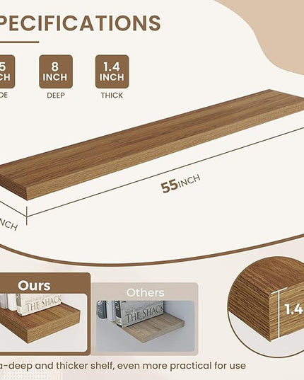 Dreamland 55 Inches Floating Shelves for Wall, 8" Deep Long Floating Shelves Set of 1, Large Display & Storage Shelf, Wall Shelf for Bathroom Bedroom Living Room Kitchen Office, Walnut