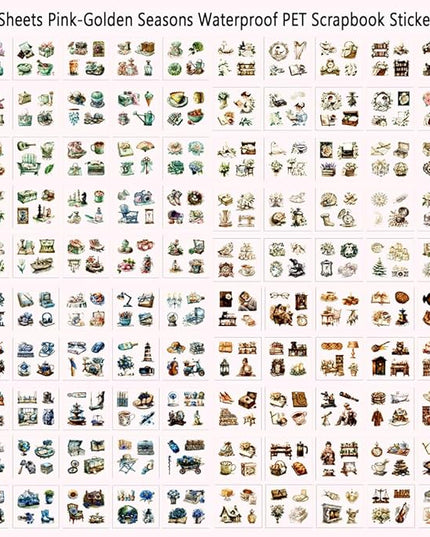 Scrapbooking Stickers Set for Adults, 100 Sheets 3.1 x 3.1 Inches Diecut Golden Seasons Theme, PET Stickers for Journaling, Junk Journal Supplies, Collage, Scrap Book, DIY Crats Arts Decorative