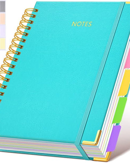 Hardcover Spiral Notebook Journal with Removable Dividers Tabs, 300 Pages Leather 5 Subject Notebook College Ruled, 8"x10" Large B5 Notebooks for Work School Note taking, Lined Journal for Women, Blue