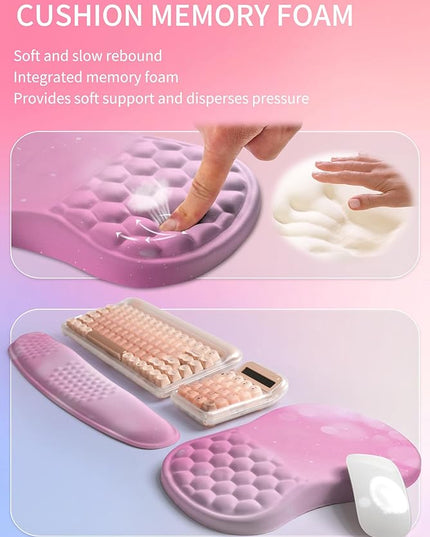 Hokafenle 2in1 Combination, Wave Keyboard Wrist Rest and Ergonomic Curvature Mouse Pad Wrist Support for Relieve Wrist Pain, Filled with Soft Cushion Memory Foam, Romantic Pink