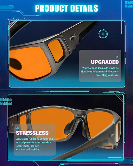 TIJN Sonia Sleep Glasses for Blue & Green Light Blocking,Red Lens with Dual AR Coating,Wraparound Frame for Gaming Screen