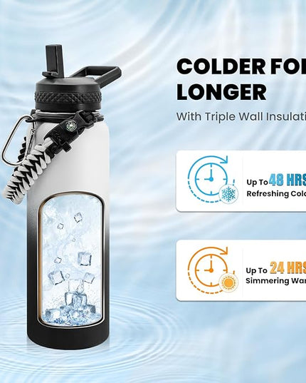 Insulated Water Bottle 40 oz, Triple Wall Vacuum Stainless Steel (Cold for 48 Hrs), Leak Proof & Non-BPA, Modern Water Flask Jug with Paracord Handle & Straw Spout Lids, Ombre: White/Black